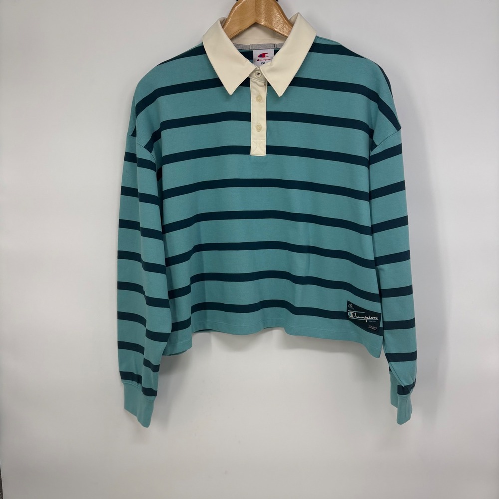 Champion Womens XXL Teal Striped Cropped Rugby Polo Shirt Long Sleeve Loose Fit